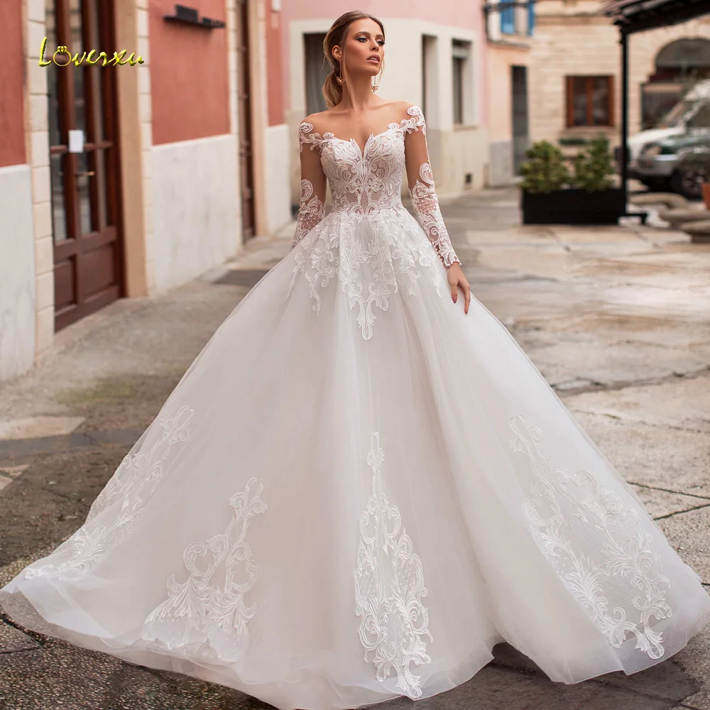 

Loverxu A-Line Vintage Wedding Dresses 2024 V-Neck Long Sleeve Court Train Robe De Mariee Gorgeous Appliques Classic Bride Dress