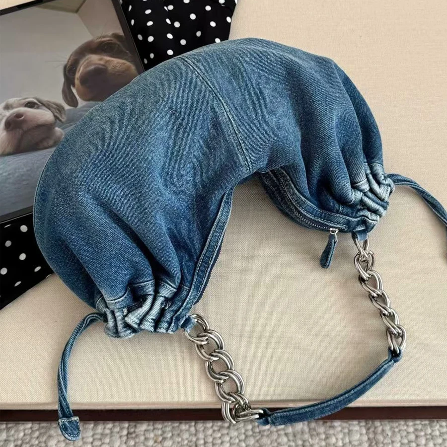 Denim Cloth Drawstring Half Moon Underarm Bag For Women Luxury Designer Handbag And Purse New In Vintage Pleat Chain Shoulder