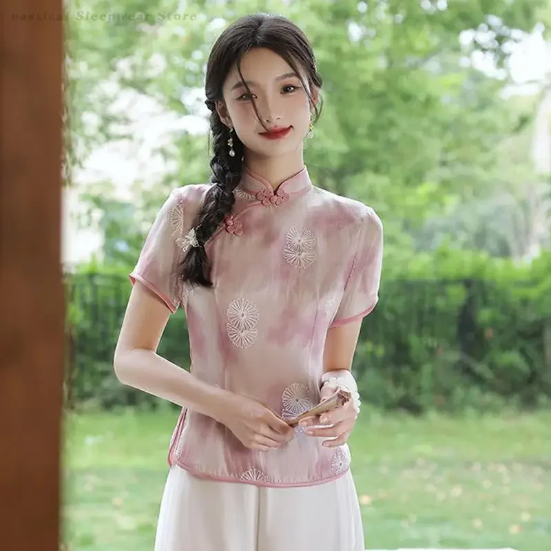 

Vintage Chinese Style Qipao Top Pink Elegant Tang Clothes Women Plus Size 5XL Mandarin Collar Cheongsam Shirt Traditional Hanfu