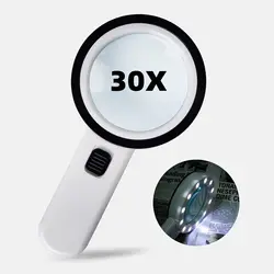 Handheld 30x Magnifying Glass 12 LED Lights Jewelry Illuminated Double Glass Lens Magnifier For Seniors Reading Watch Repair