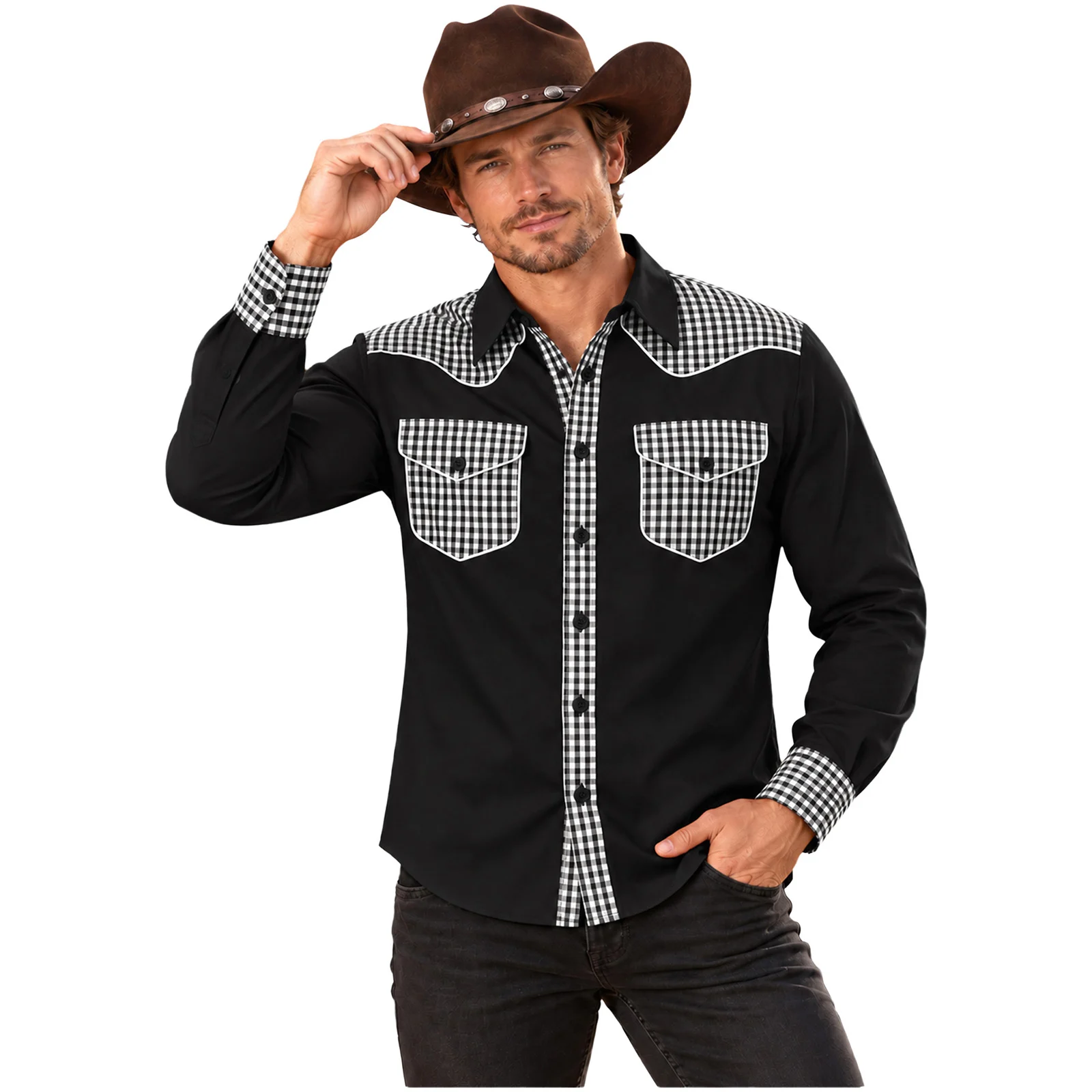 Mens Plaid Patchwork Western Cowboy Cosplay Shirt Long Sleeve Button Top with Pockets for Halloween Party Stage Show Dress Up