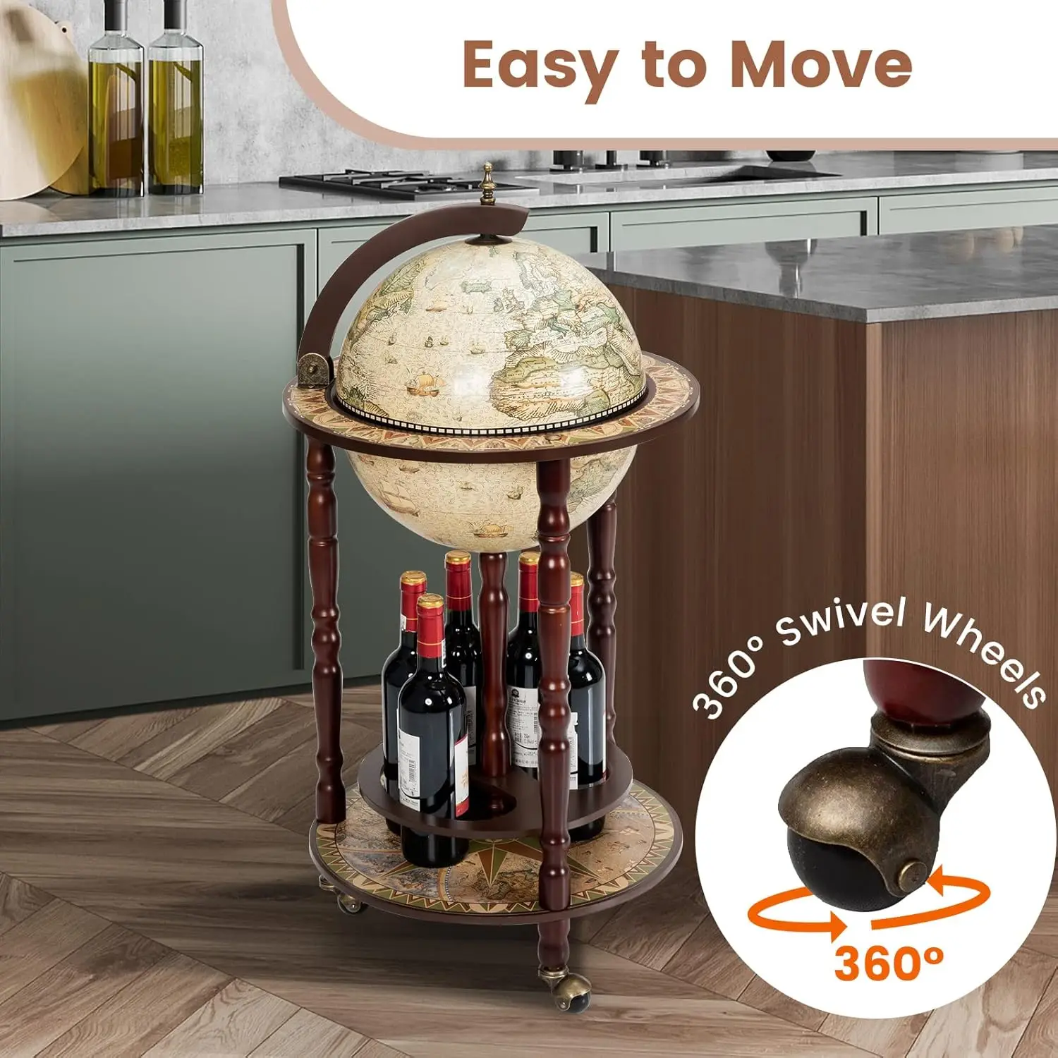 

17.5’’ Wood Antique Wine Bar Stand with Wheels, Bottom Shelf & Old World Map,16 Century Italian Replica Globe Bar Liquor Cabinet