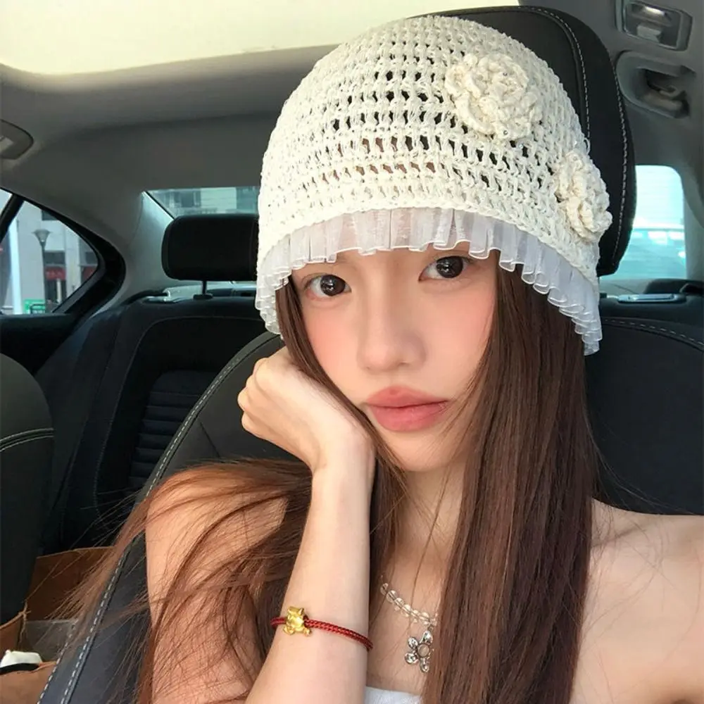 Милая вязаная крючком шапка с цветком ручной работы, вязаная шапка с блестками и блестками, корейская тонкая шапка, аксессуары для одежды