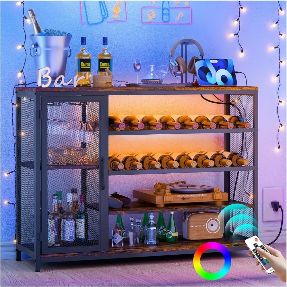 

LED Bar Cabinet for Home, Dimmable Wine Cabinet with LED Lights and Charging Station, Home Bar Liquor Cabinet with Shelving and