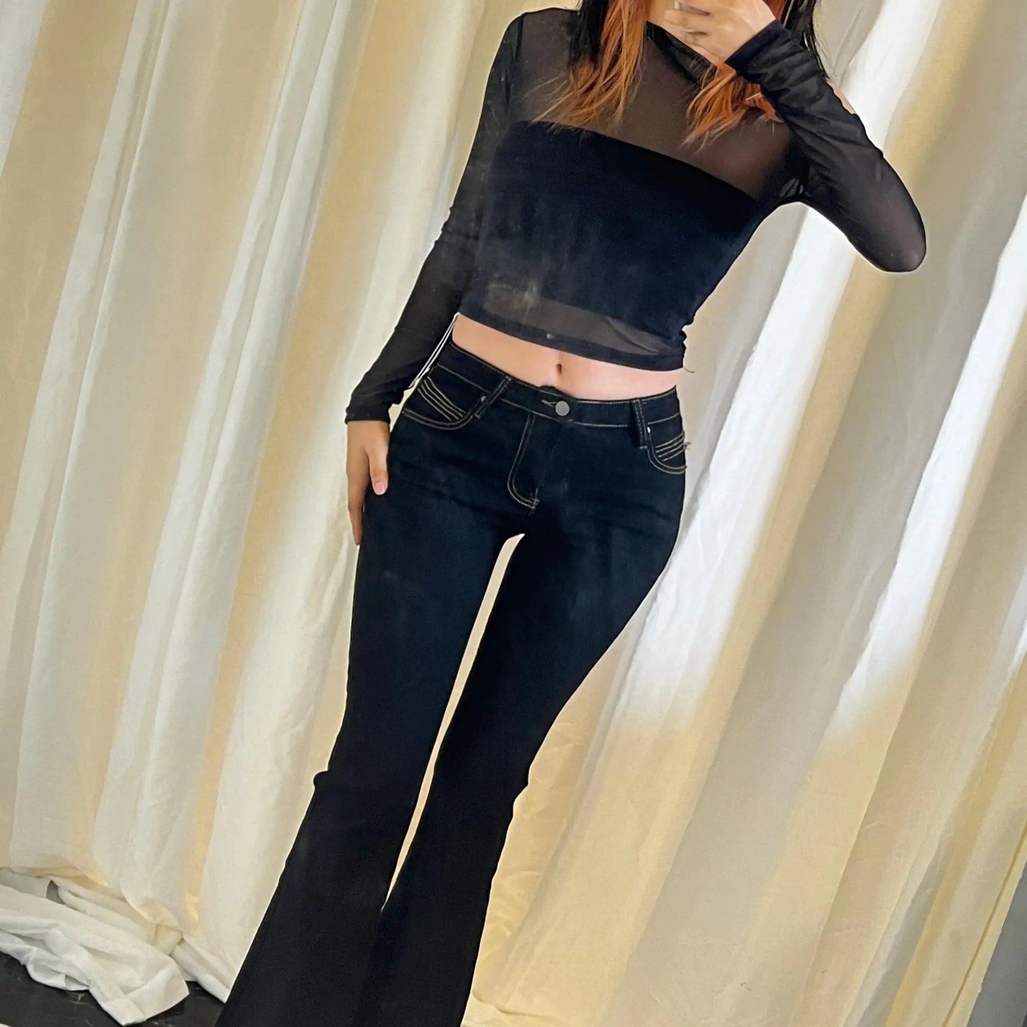 Sexy Long Legged Supermodel Low Waist Slim Fit Black Tight Micro Flare Jeans Women's Premium Denim Pants High Stretch Bootcut