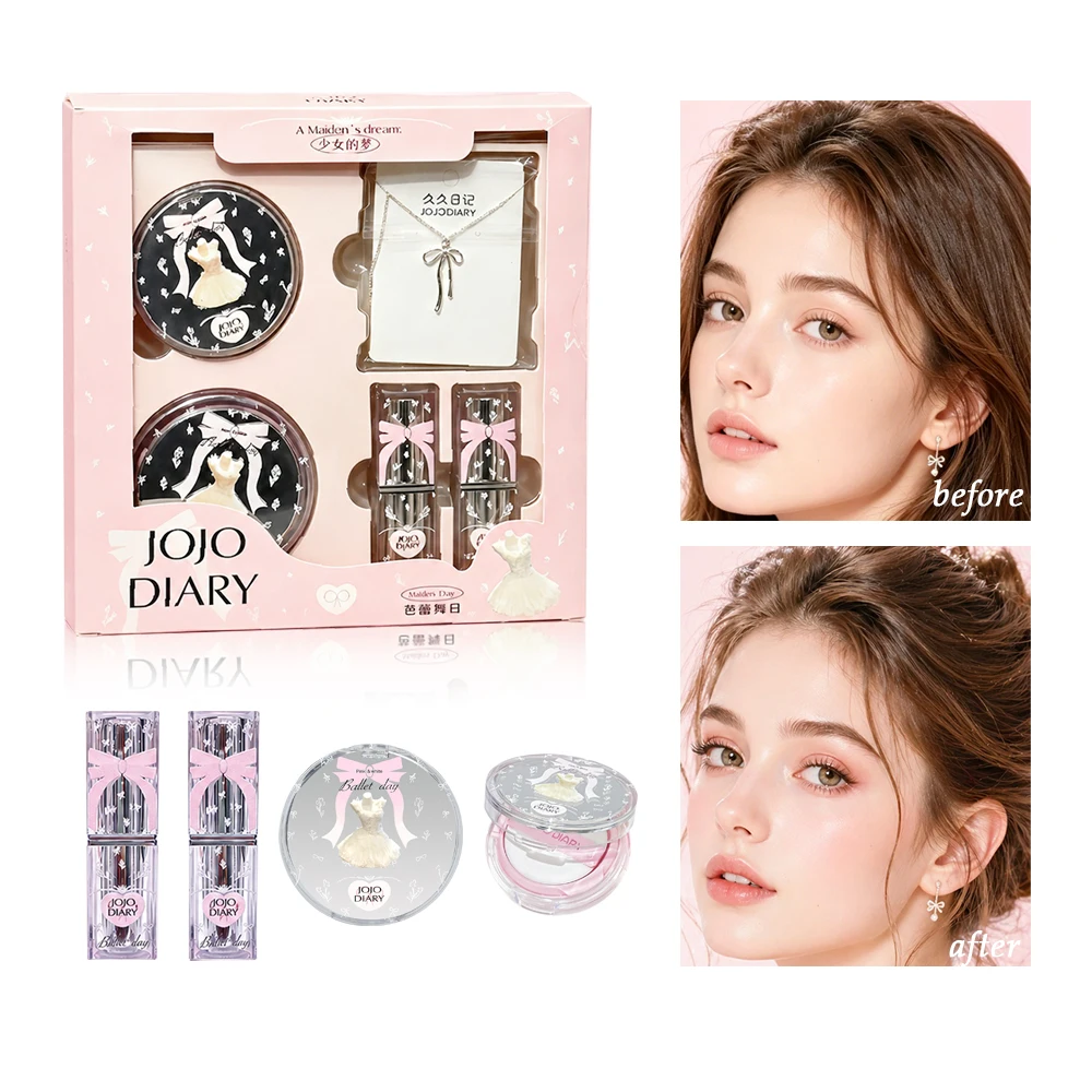 Ballet Day Makeup Gift Set, All-in-One Cosmetic Kit with Blush & Lipsticks, Bow Necklace, Cute Pink Box