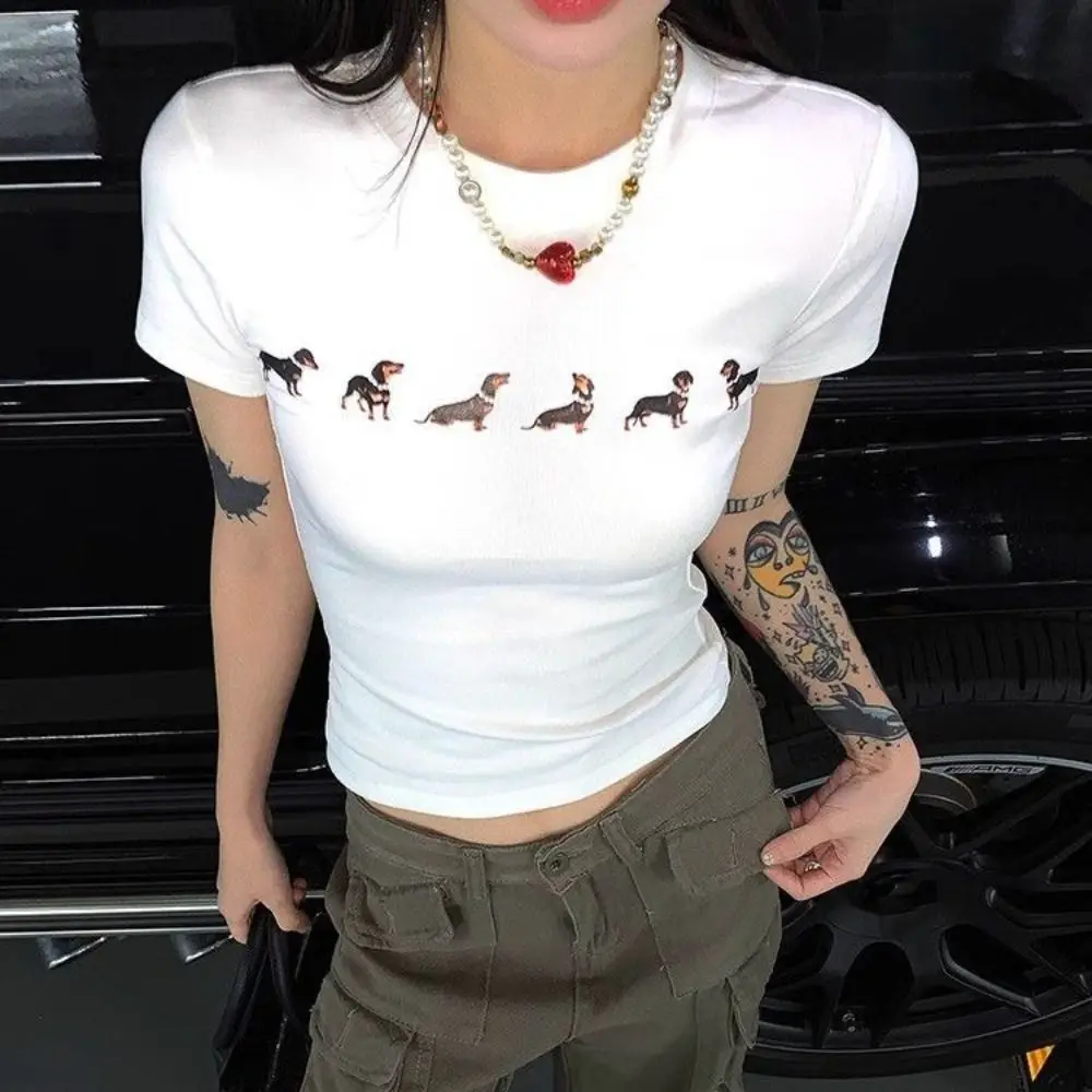 

Korean Style Cartoon Dog Short Sleeve T-shirt Slim Fit Dachshund Y2K Crop Top Sweet Chic Tees Shirts Women Girls