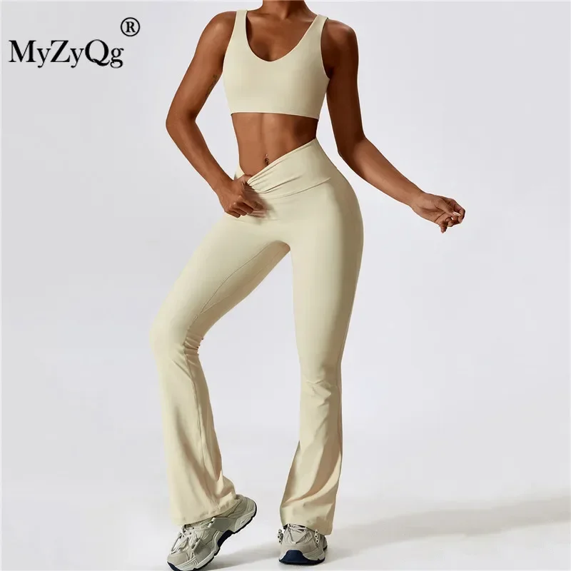 MyZyQg Women Autumn Shock-proof Two Piece Yoga Suit Quick Dry Body-tight Fitness Suit Casual Sports Bra Vest Flare Pant Set