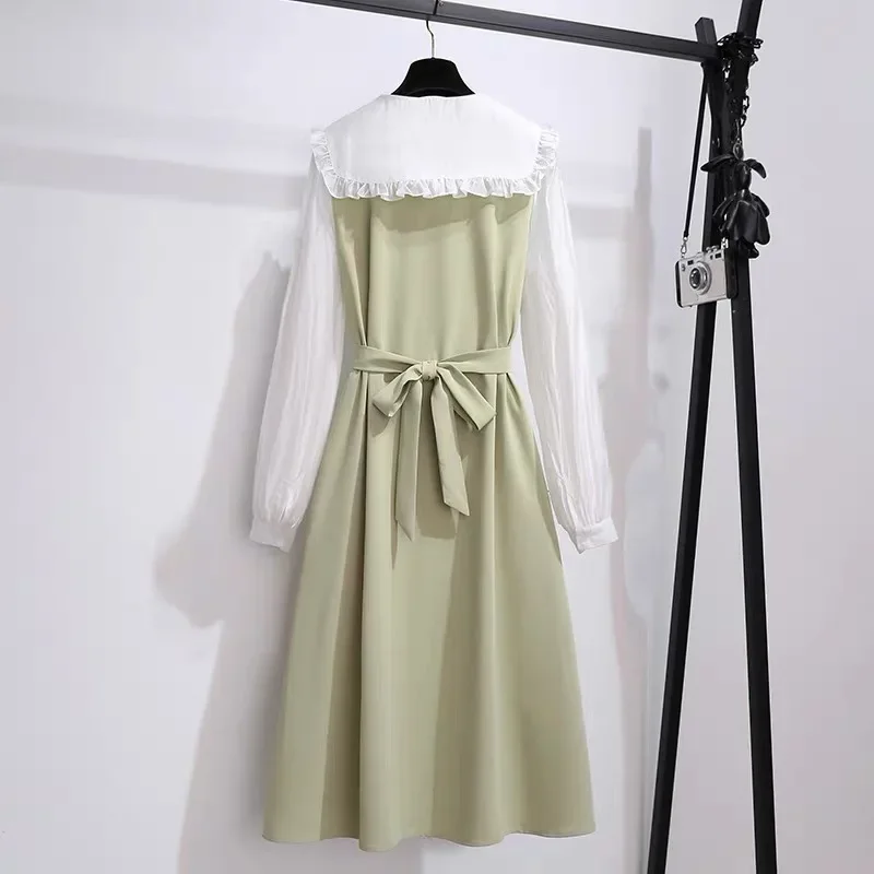 Plus Size Women's Spring 2024 New French Style Two-Piece Illusion Green Dress Gentle Slimming Tea Time Skirt Sweet Style