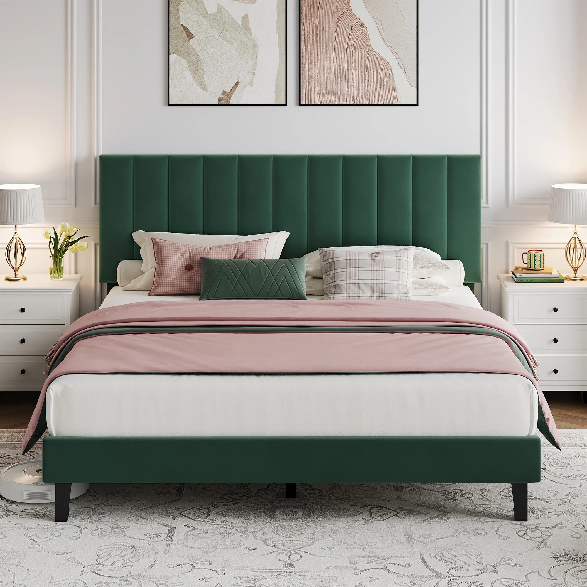 Modern Velvet Upholstered Platform Bed Frame - Full Size - Adjustable Tufted Headboard - Sturdy Wood Slats - No Box Spring Needed - Easy Assembly - Bedroom Furniture