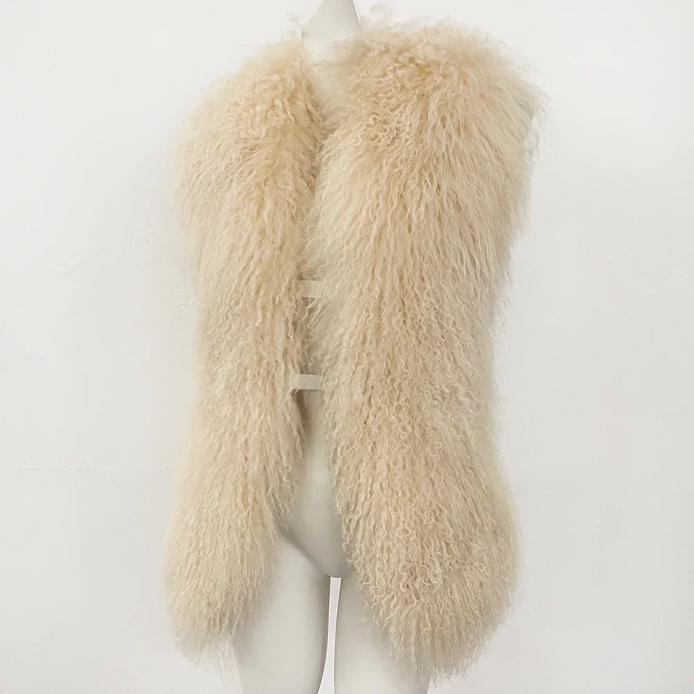 المرأة معطف الفرو المنغولي الحقيقي بلا أكمام الفاخرة الفراء رقيق شال سترات ملابس خارجية عباءة نمط شيك الإناث الواقع سترات من الفرو #1