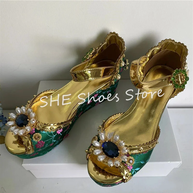 

Luxury Rhinestones Pearl Gem Women Sandals Chunky Bottom Wedges Baroque Pumps Ladies Round Toe Embroidery Mary Janes Shoes