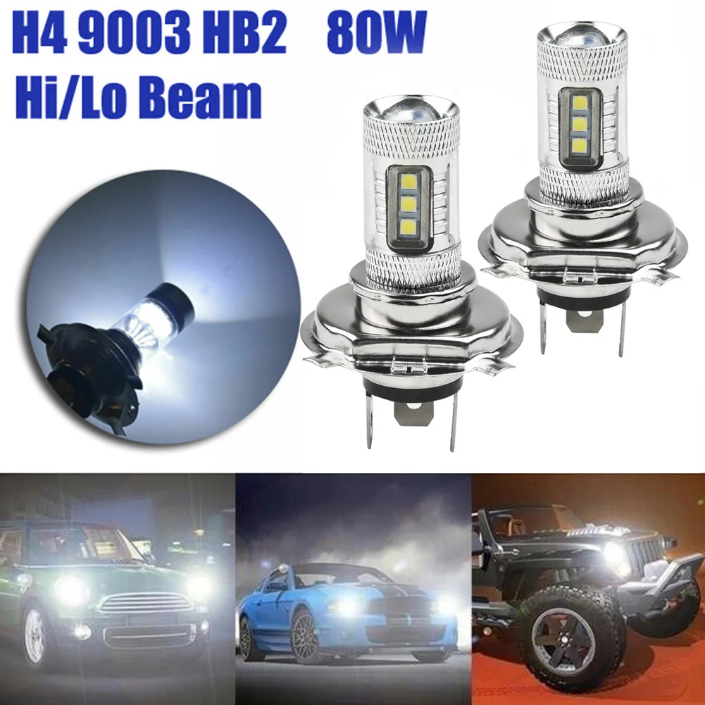 2Pcs 8000K H4 9003 HB2 LED Car Headlight 80W High/Low Beam 90W DRL Headlamp Bulbs Fog Lights 1800LM DC 12V-24V White Lamp