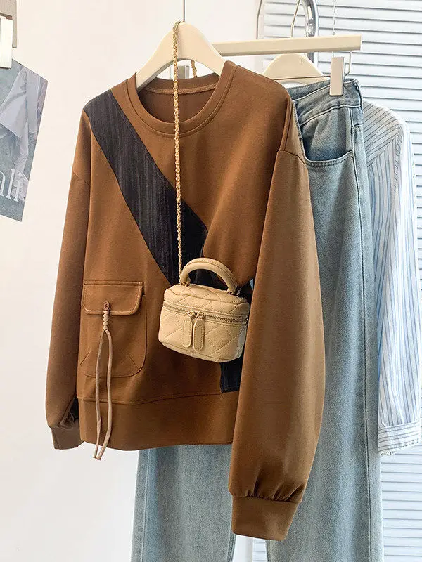 

Женская толстовка большого размера для повседневной носки, однотонная, с цветными вставками, зимняя, длинная, с круглым вырезом, универсальная, для ежедневной носки