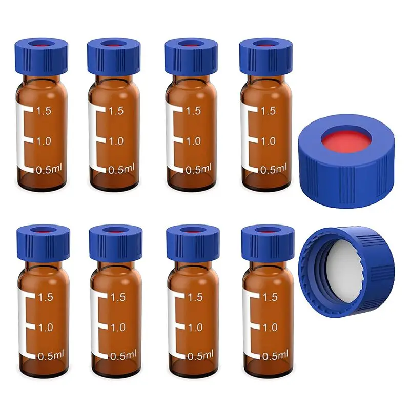 HITL 2ML Autosampler Vials Pack Of 100 - HPLC Vials 9-425 Amber Vials with Blue Screw Caps,White Red Septa