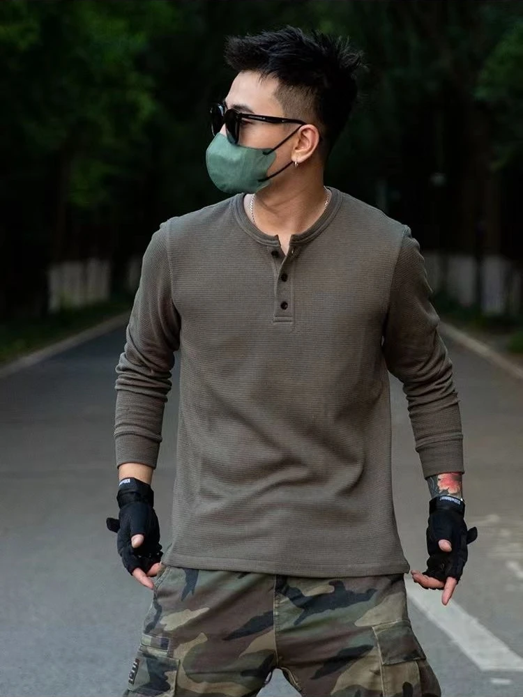 

Мужская модная повседневная футболка с длинным рукавом в стиле ретро, однотонная базовая футболка, свободный крой, весенне-летний модный топ