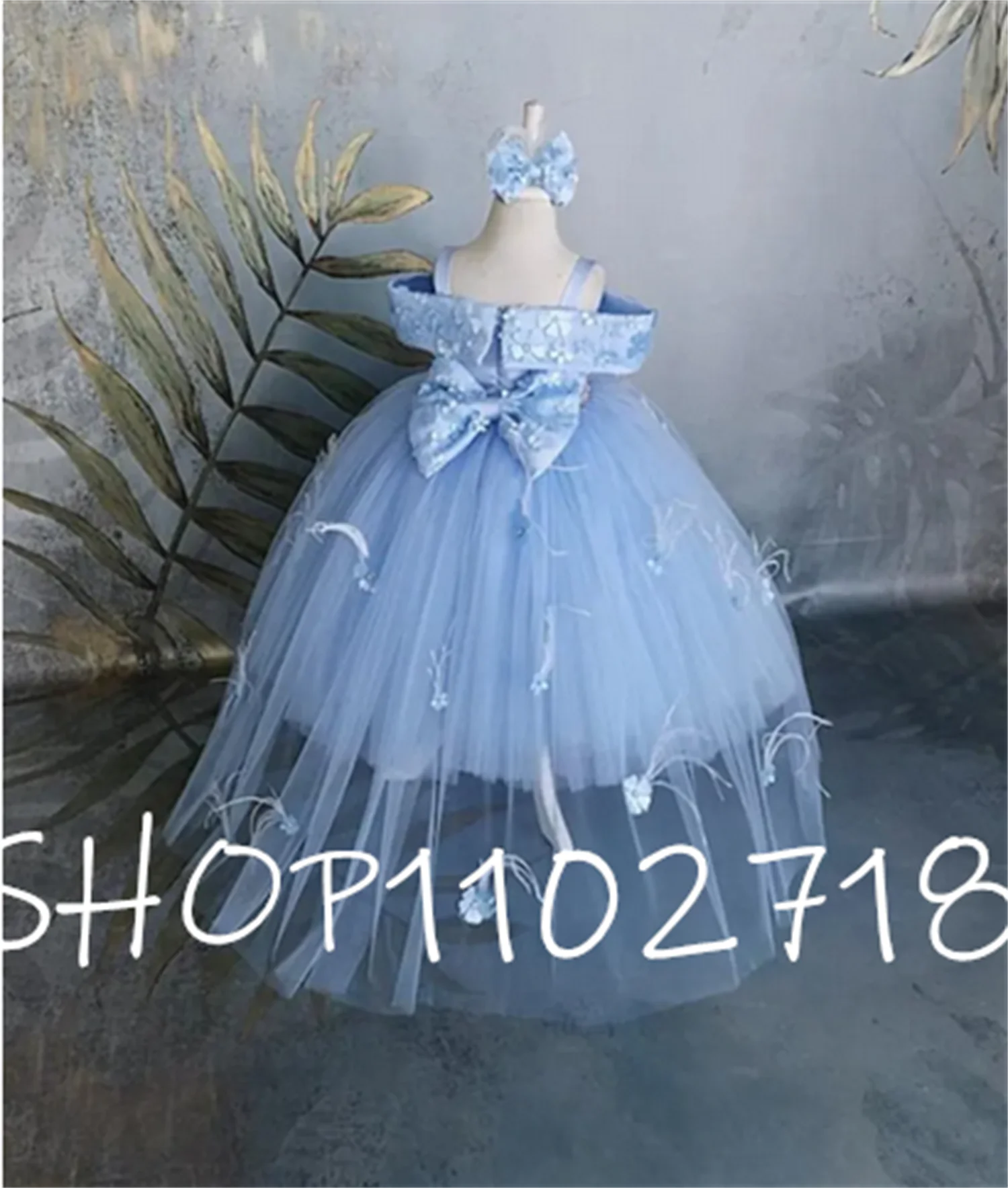 

Blue Tulle Flower Girl Dress Off the Shoulder Princess Birthday Party Gown Pageant Vesture Wedding Jr Bridesmaid Dress