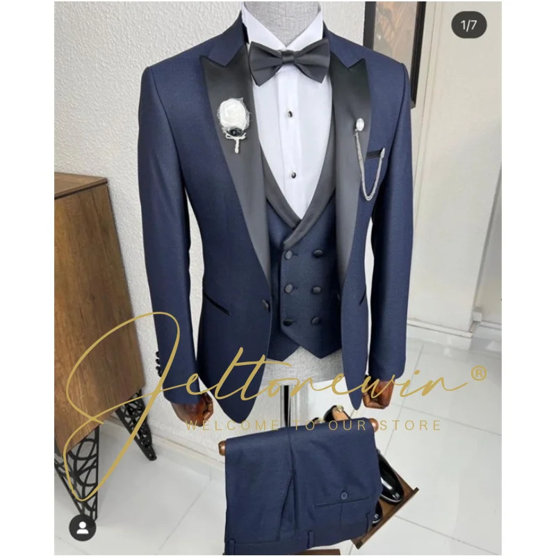 

Fashion Party Designs Navy Blue Men Suit Tailor Made Groom Tuxedos Wedding 3 Piece Suits Best Man Blazer (Jacket+Pants+Vest)