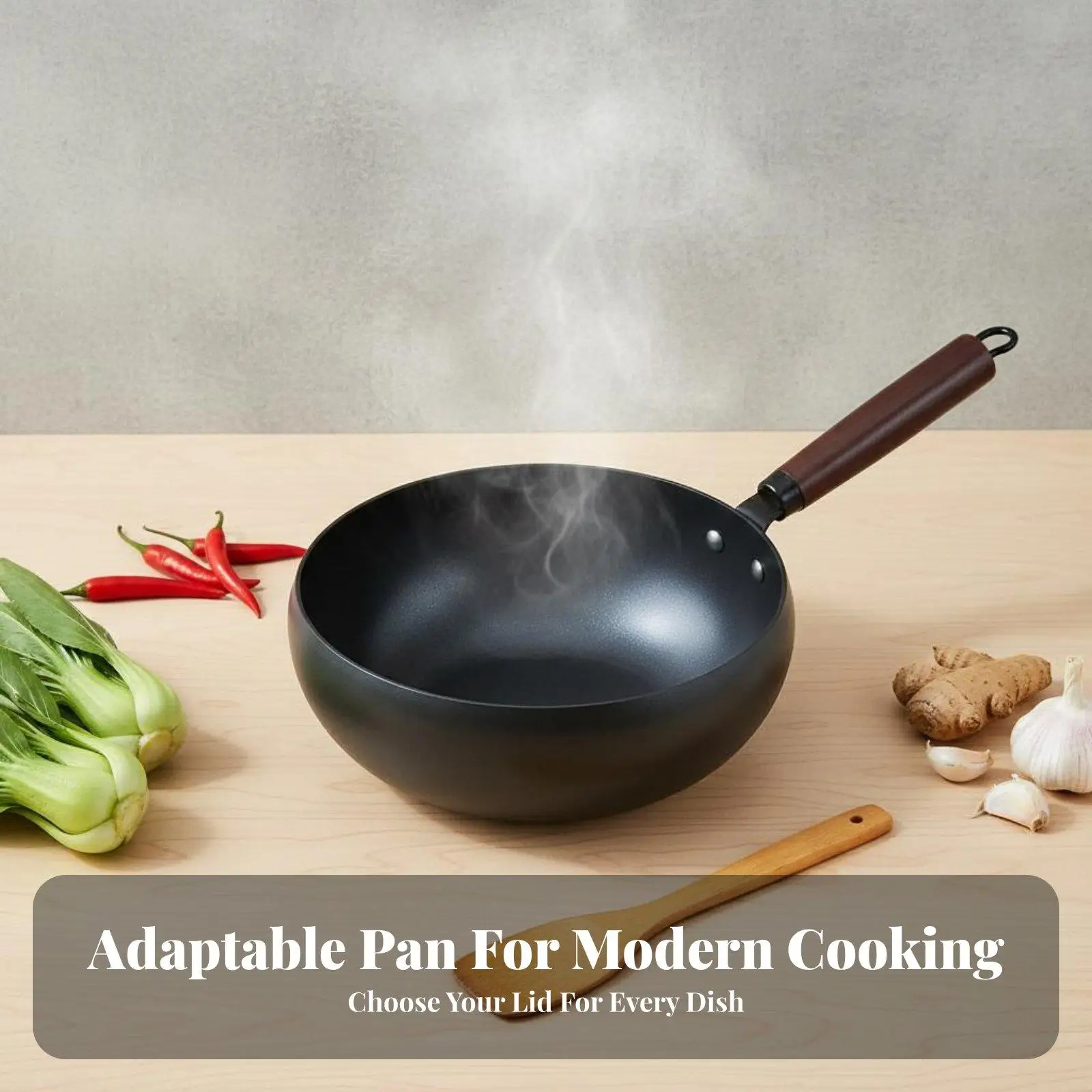 Authentic Craftsmanship Cast Iron Wok Pan Deep Frying Pot for Healthy Meals with Wooden Handle and Easy Storage Loop