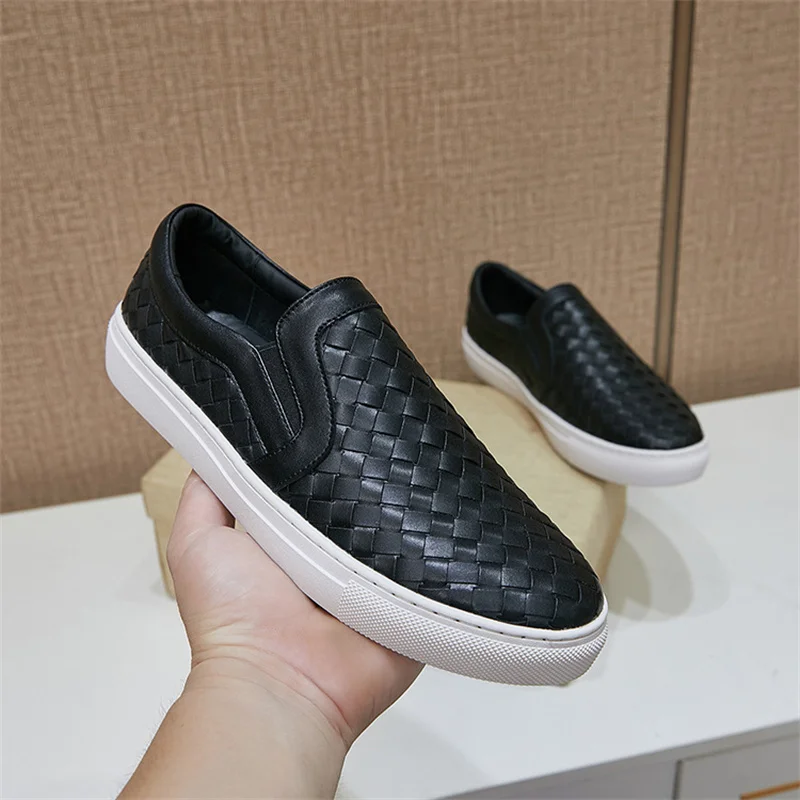 Genuine Leather Black Men Casual Shoes Luxury Brand 2024 Mens Weave Loafers Moccasins Breathable Slip on Lazy Driving Shoes