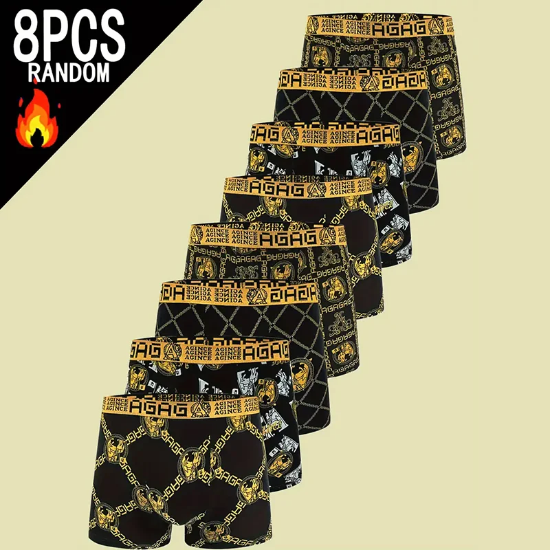 8pcs Men's Boxer Briefs - Elegant Black & Golden Greek Pattern Underwear, Stretchy Soft Breathable Boxers for Everyday