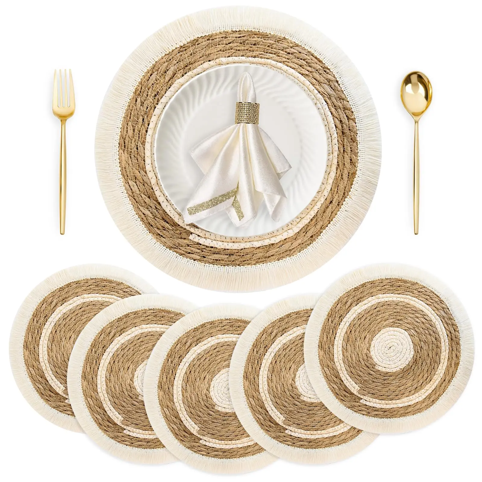 

Bohemian Woven Place Mats, Heavy Duty Gourd Grass with Stitched Edges for Wedding Christmas Dining Table Decor 11.6 Inch