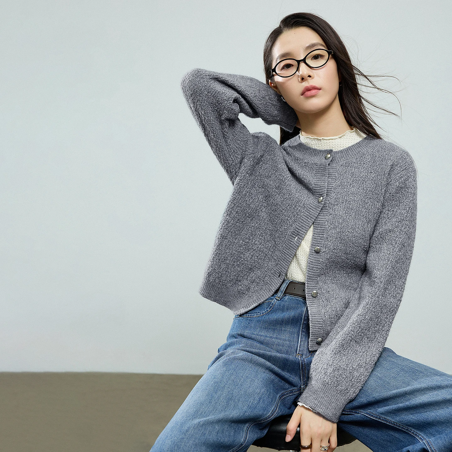 TOYOUTH Women Woolen Cardigan 2025 Autumn New Vintage Twisted Pattern Round Neck Tops Smoke Gray