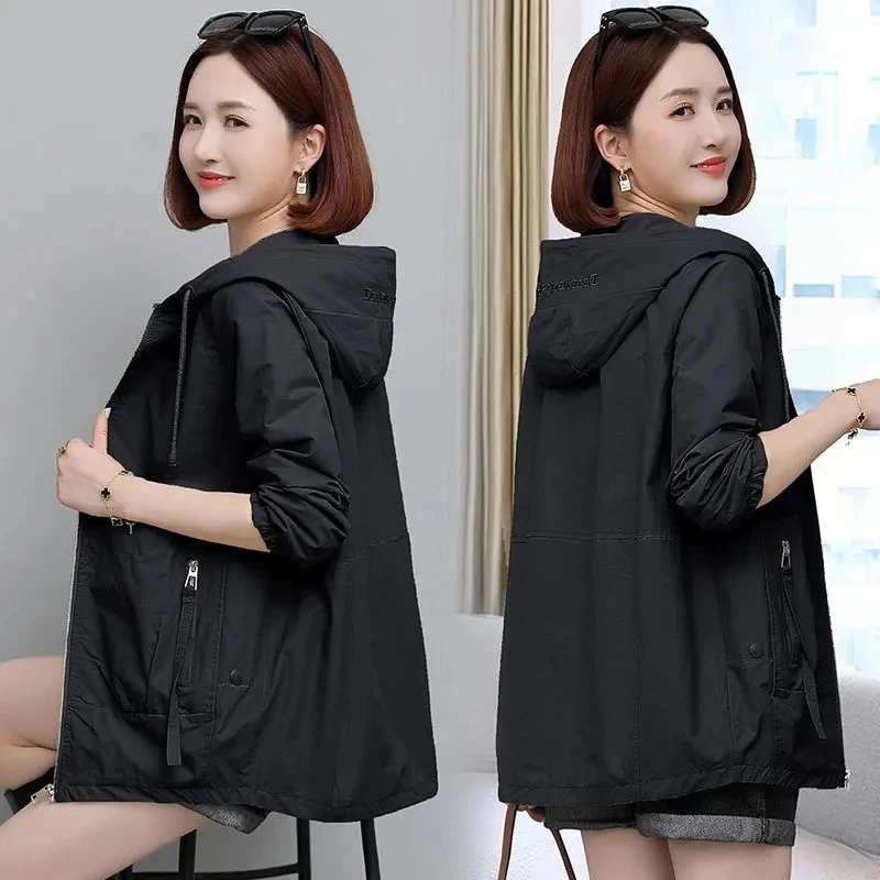 Jaket Penahan Angin Wanita Pertengahan Panjang 2023 Baru Musim Semi Musim Gugur Mantel Jaket Ritsleting Bertudung Pakaian Luar Longgar Streetwear Pakaian Hitam