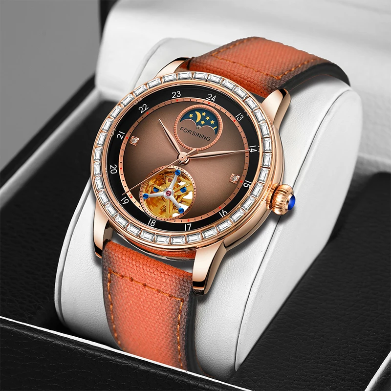 

Forsining Moon Phase Mechanica Watch Men Business Leather Strap Skelton Automatic Watches 30m Waterproof Luminous Hands Watches