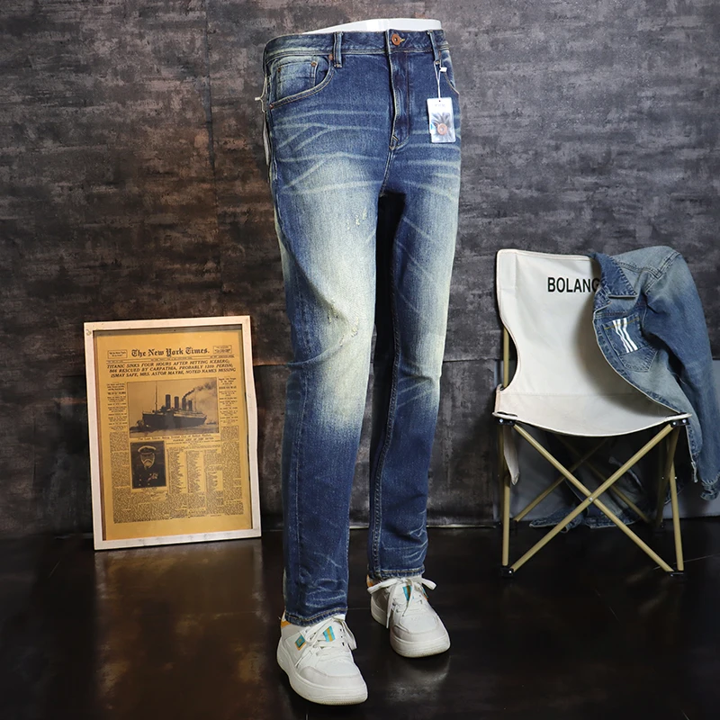 Newly Fashion Designer Men Jeans High Quality Retro Blue Elastic Slim Fit Ripped Jeans Men Vintage Trousers Straight Denim Pants
