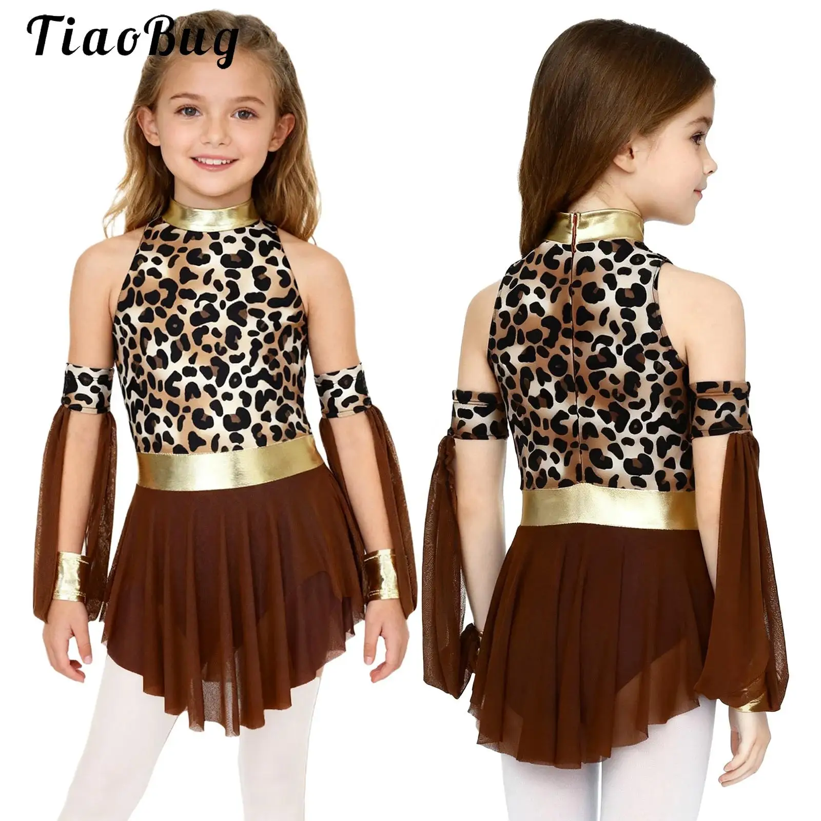

Kids Girls Cavewoman Costume Outfits Halloween Prehistoric Cave Stone Cosplay Leopard Print Leopard Dress with Oversleeves Set