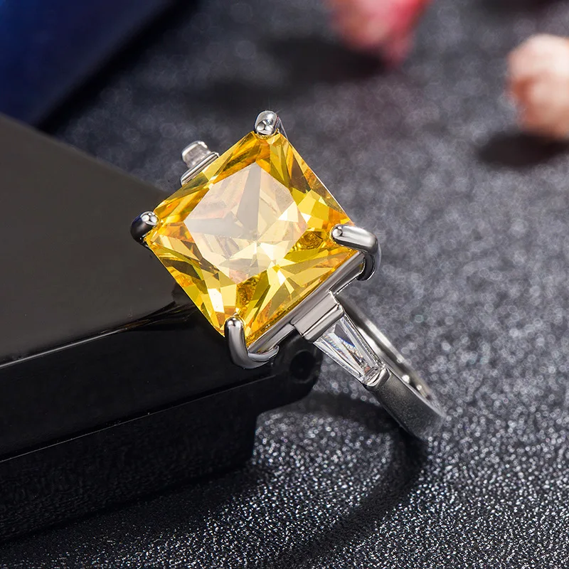 HuiSept Finger Ring for Women 925 Silver Jewelry Accessories with Citrine Zircon Gemstone Open Rings Wedding Promise Party Gift