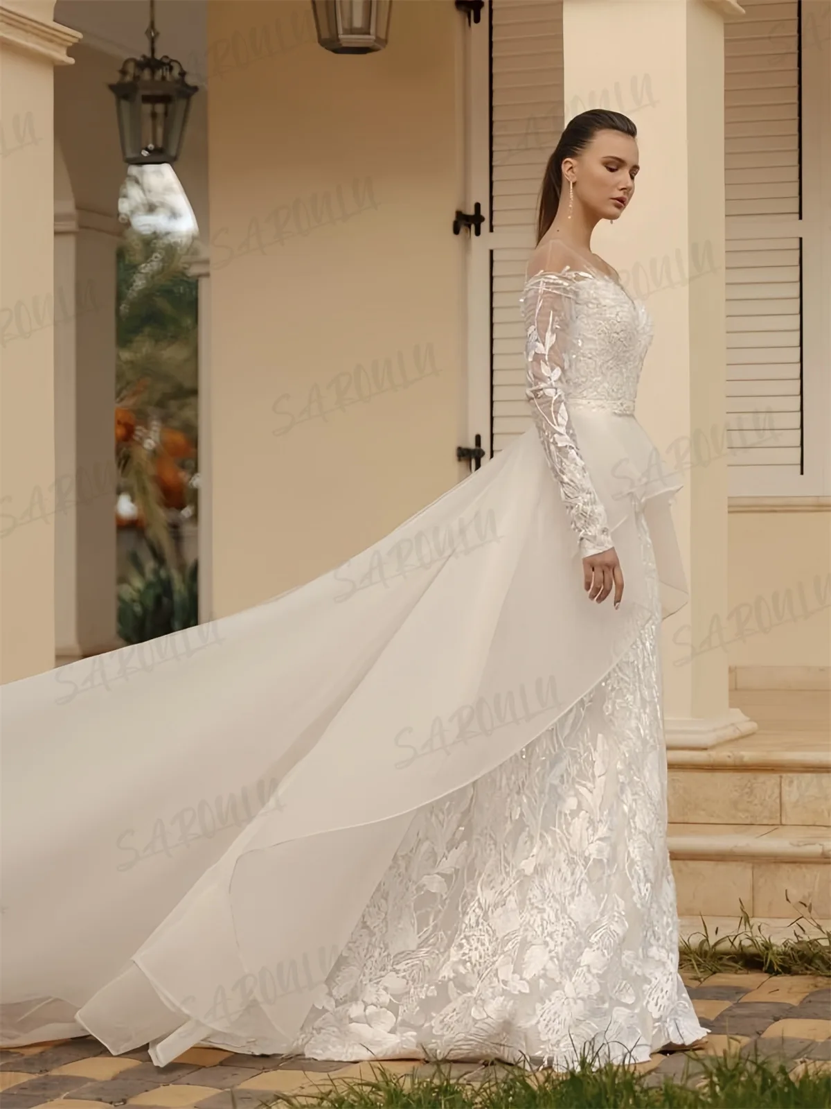 Shiny Beaded Lace Wedding Dress with Full Illusion Sleeves Mermaid Bridal Gown Cusotmized Detachable Train Modern Bride Dresses