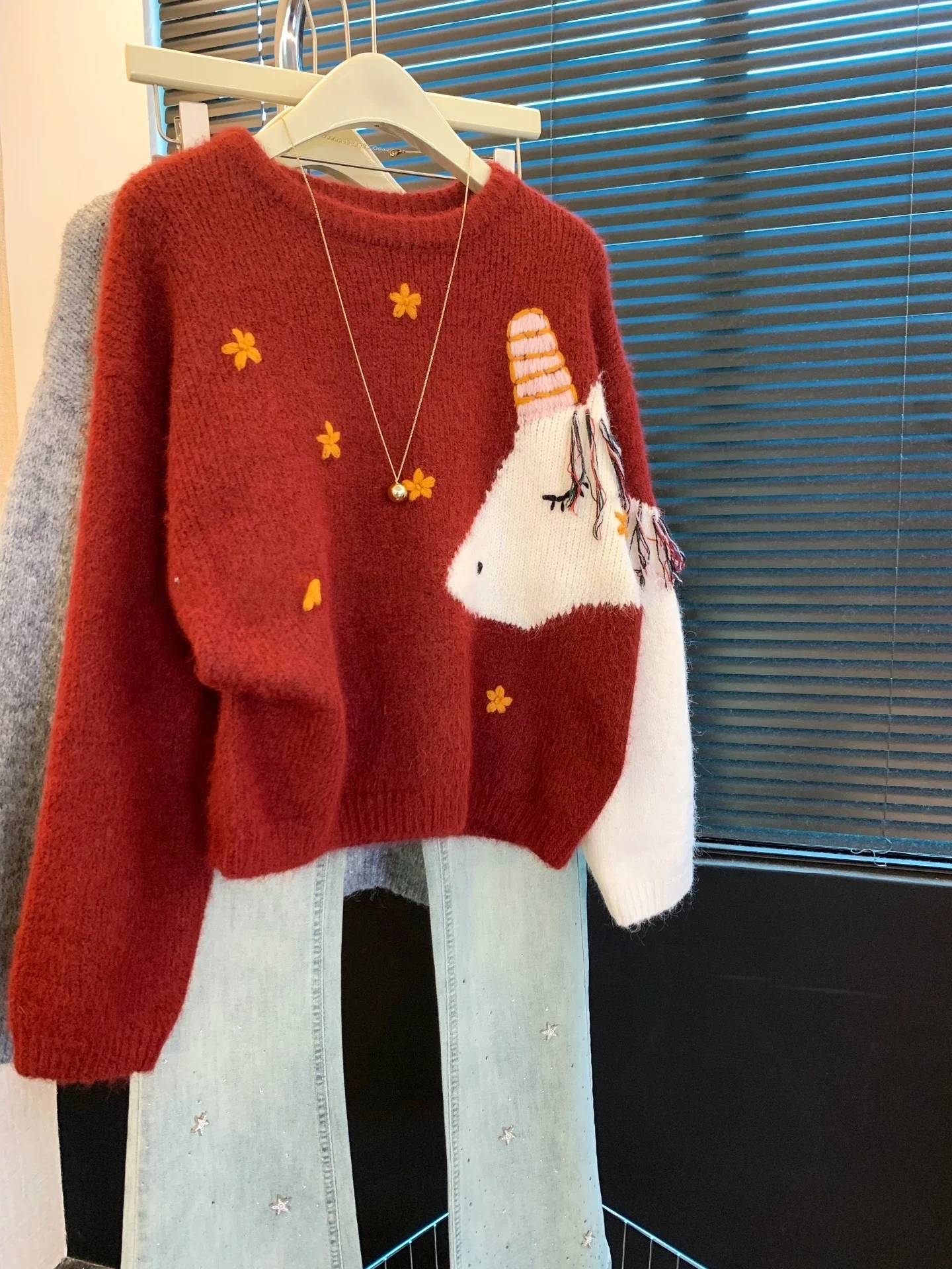 

Cisas New Year Red Deer Embroidered round Ne Knitted Sweater Women Winter Loose Versatile Long Sve Top