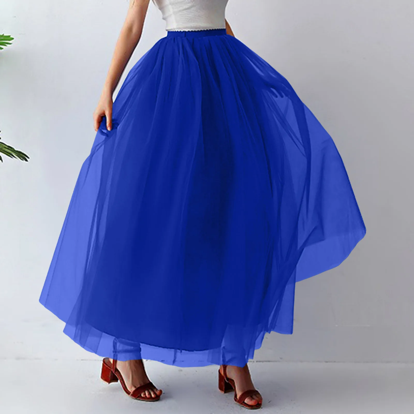 Women Fashion Mid Length Tutu Dress Adult Elastic Waist High Low Tulle Maxi Dress for Party Carnival Match Rivet Jacket