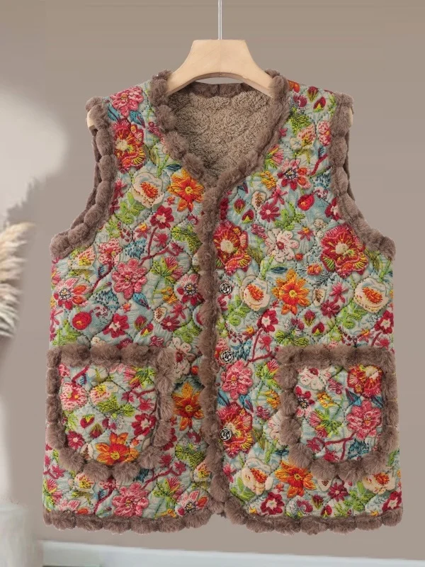 سترة نسائية بنمط عرقي مبطنة بالصوف الدافئ، مصنوعة من ألياف البوليستر السميكة، بياقة على شكل V ونقش زهري، إغلاق بزر واحد، ملاب...