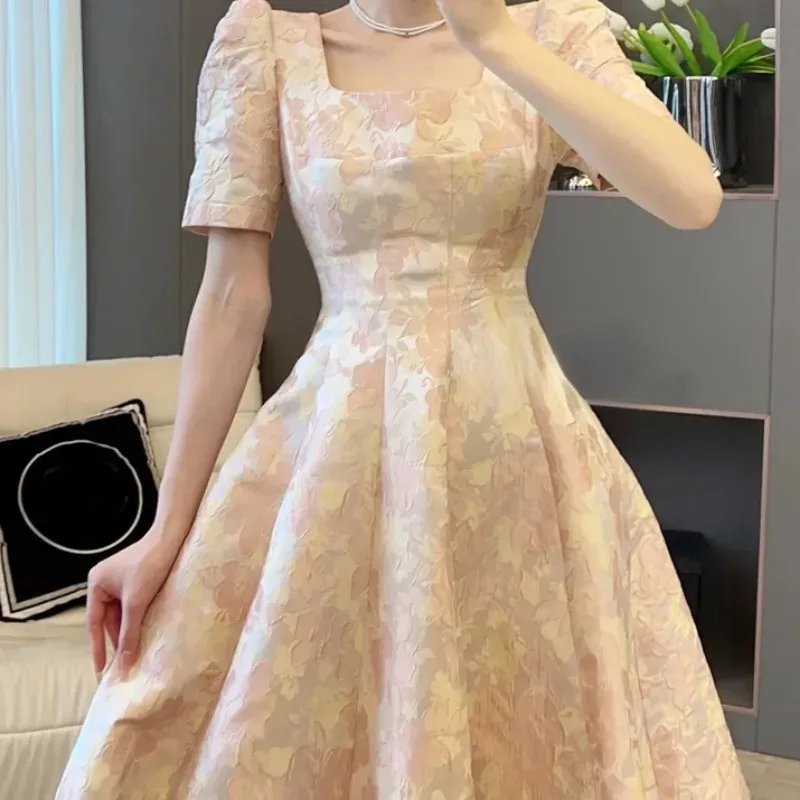 Pink Floral Long Dresses Spring Summer Puff Sleeve Vintage French Style Vestidos Mujer Elegant Sweet Women Dress