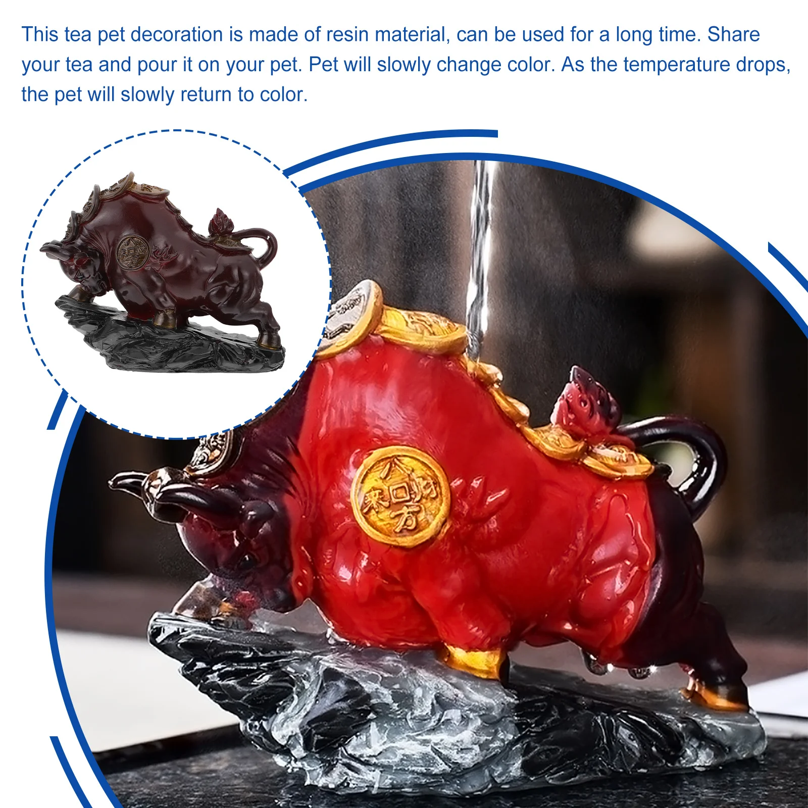

1Pcs Change Color Resin Tea Pet Decoration Home Decor Tea Room Office Stable Base Color Changing Cattle Statue