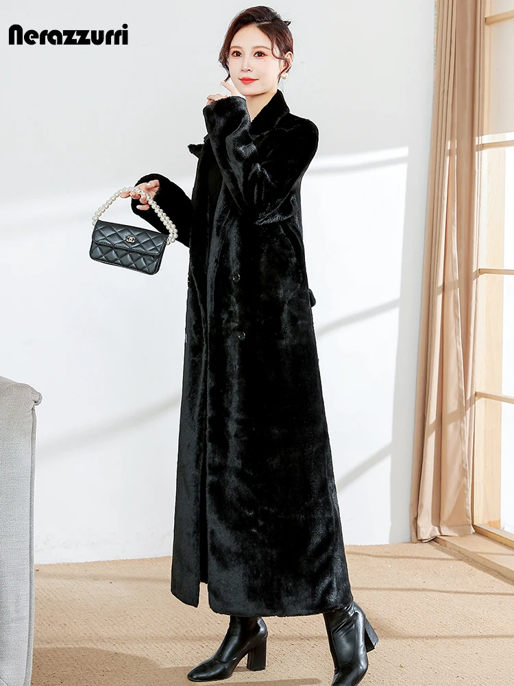 Nerazzurri Winter Extra Long Thick Warm Soft Black Fluffy Faux Rabbit Fur Coat Women Sashes Double Breasted Maxi A Line Overcoat