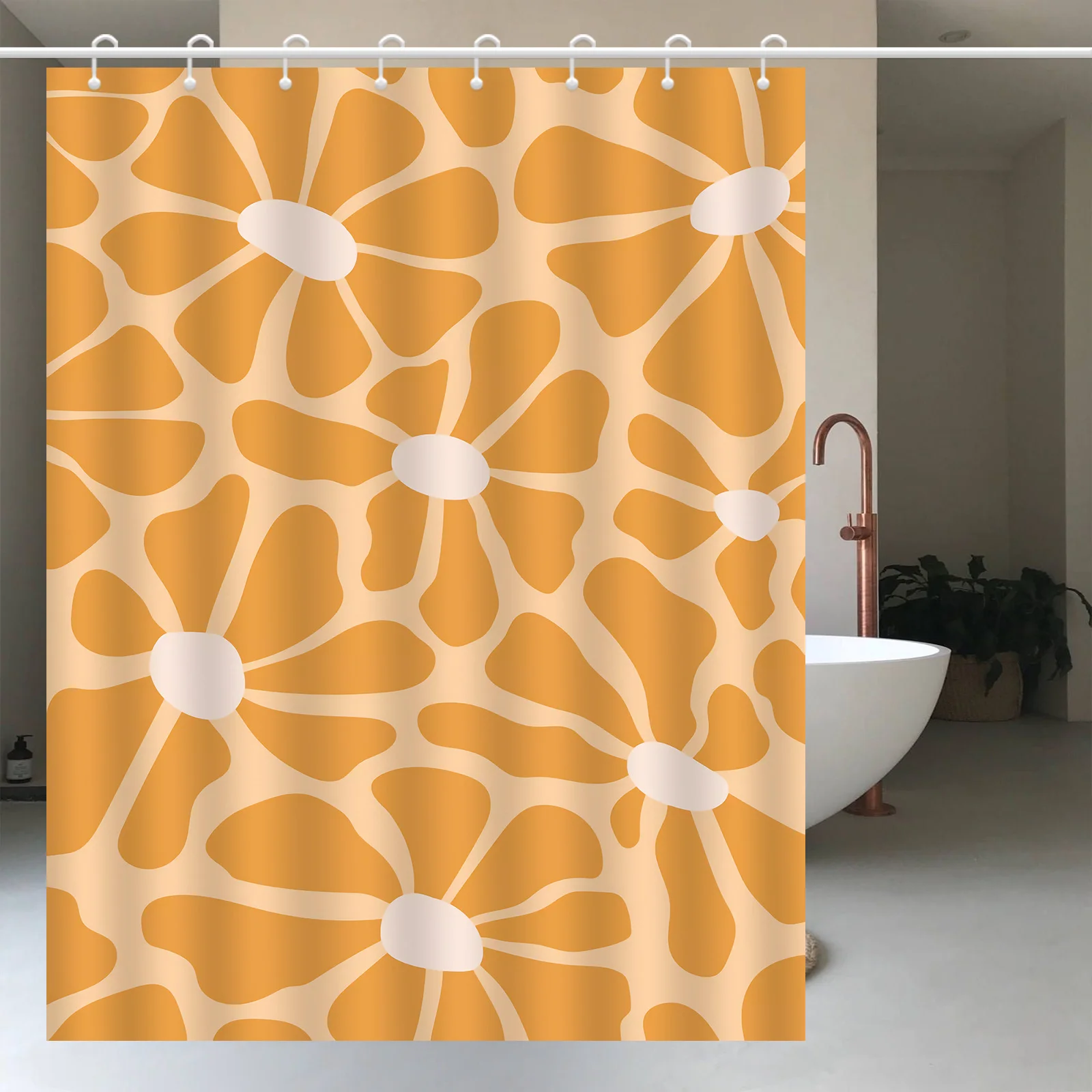 

1pc Orange floral shower curtain, polyester fabric, with hooks, machine washable, suitable for bathroom décor.