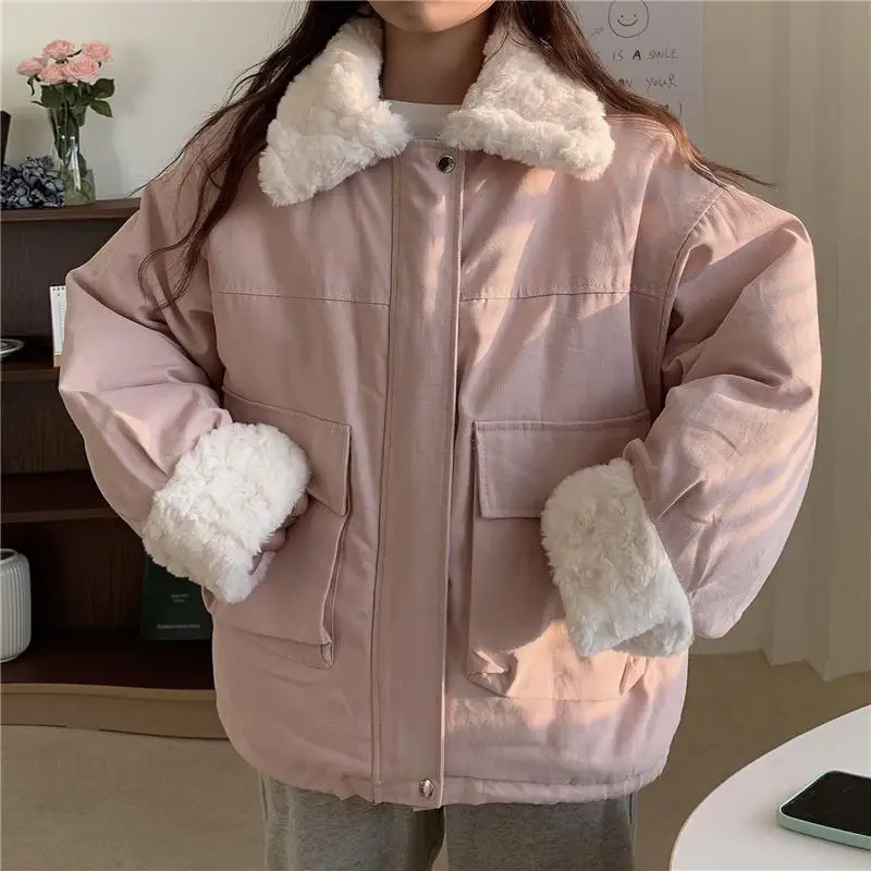 Hdspq White Lapel Cashmere Cotton Parkas Winter Woman Thick Warm Big Pocket Parka Coat Female Solid Simple Zipper Jacket Women