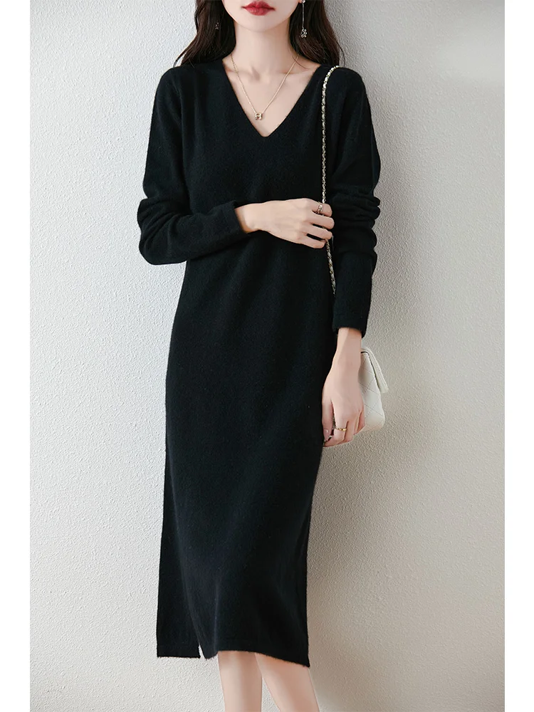 Women's Pure Wool Knitted Dress, V-Neck, Thin, Slit, Long Skirt, Casual, Fashionable, Warm, 2024 Autumn/Winter