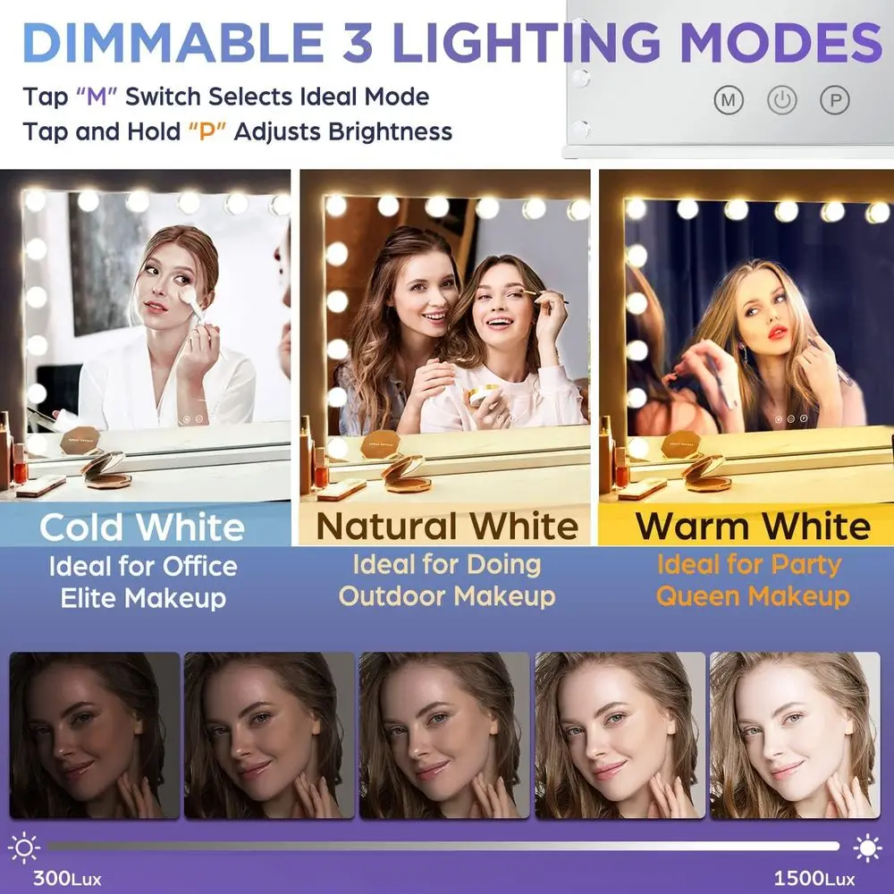 Specchio per trucco grande illuminato a LED con 18 lampadine, dimmerabile in 3 modalità, plug-in e porta USB, bianco