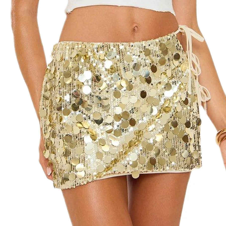 女性 Y2K ソリッドカラー ミニスカート、ミッドライズ スパンコール付きボトムス タイアップ スリムフィット サマー ボディコン スカート パーティー用クラブウェア