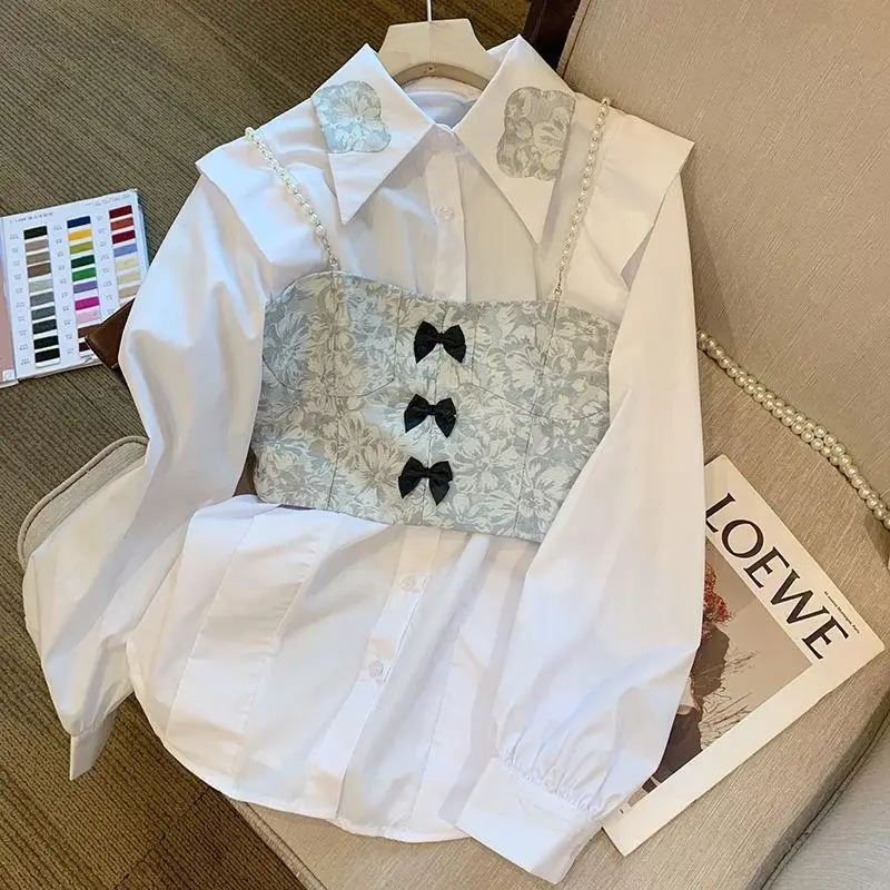 Luxury White Shirt Women Pearl Camisole Tops 2024 New Design Sense Niche Fashion Unique Casual Vintage All-match Two Piece Set