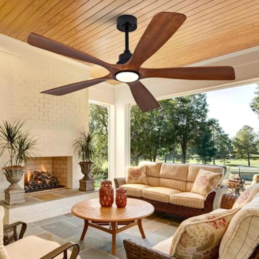 60 Inch Wood Ceiling Fans with Lights and Remote, 5 Blade Black Outdoor Ceiling Fan for Patios, Bedroom, Modern Living Room, In