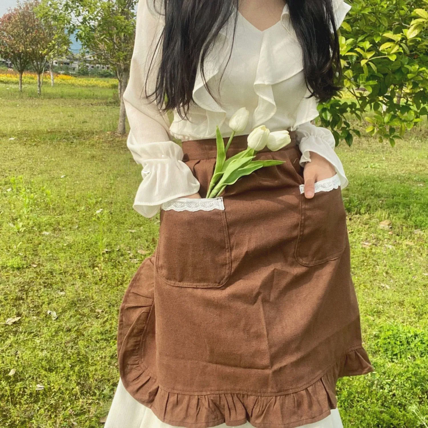 Korean Short Apron Pocket Household Cleaning Aprons Coffee Shop Uniforms Baking Cooking Accessories Florist Gardening Pinafore