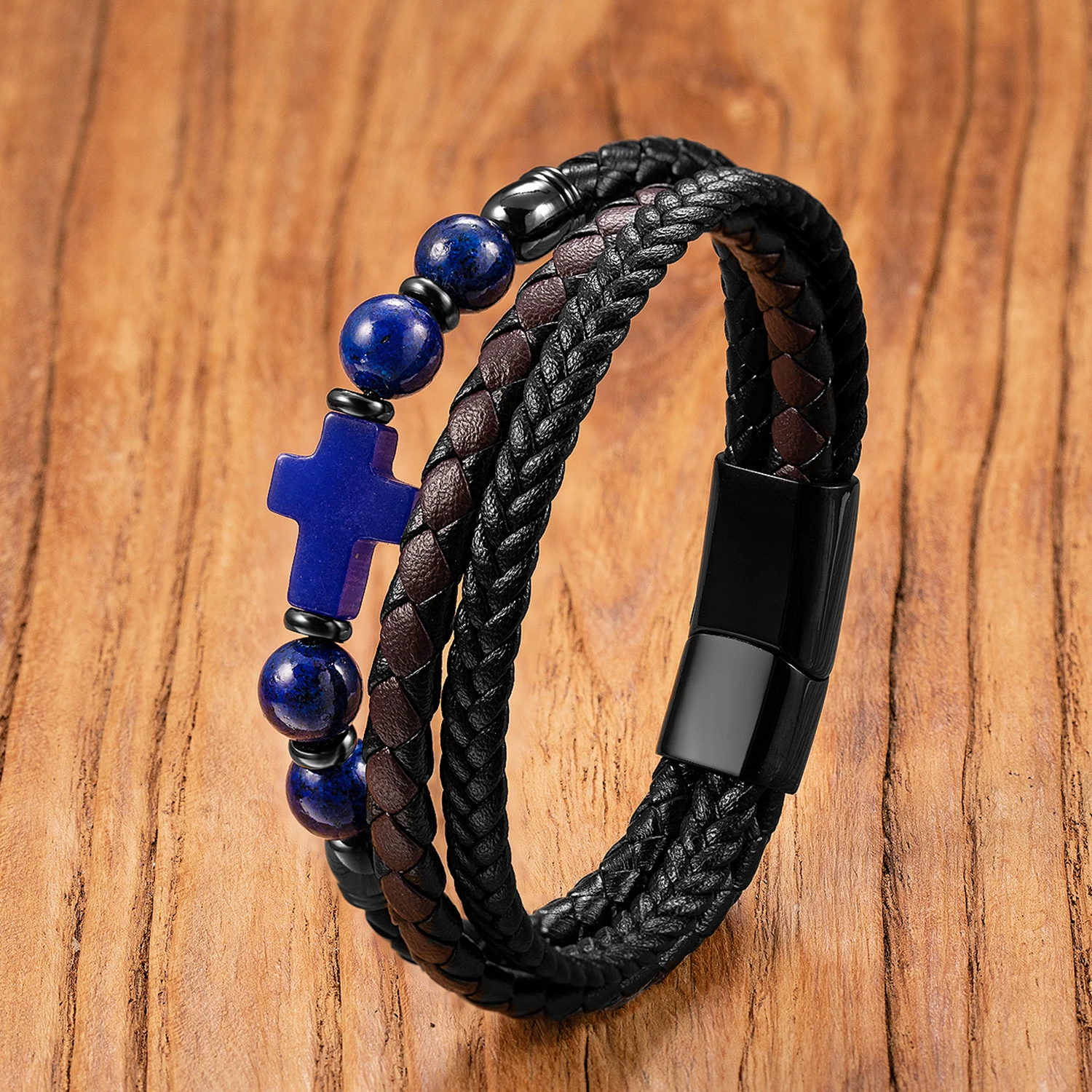 Retro Multilayer Weaving Leather Bracelets for Man High Quality Natural Stone Cross Beaded Bangles Men's Wristband Jewelry Gifts