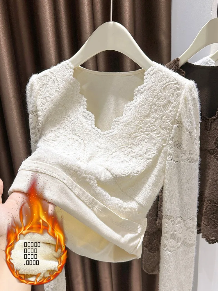 

Мягкая и удобная женская верхняя одежда с кружевной подкладкой, теплая зимняя, сексуальная, с V-образным вырезом, для повседневной носки