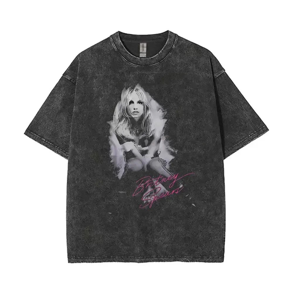 Camiseta Merch con frase icónica de Britney Spears Acid-Wash – Ropa gráfica tipográfica rosa para fanáticos de la música pop